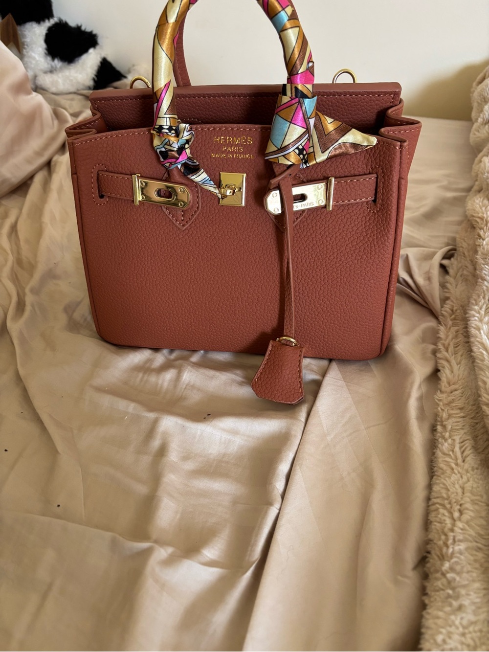 Luxury Terracotta Vegan Leather Top-Handle Satchel with Twilly Accent